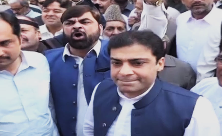 Hamza Shehbaz leads protest outside PA along PML-N lawmakers