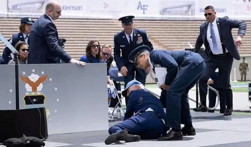 Biden trips and falls during graduation ceremony, recovers quickly